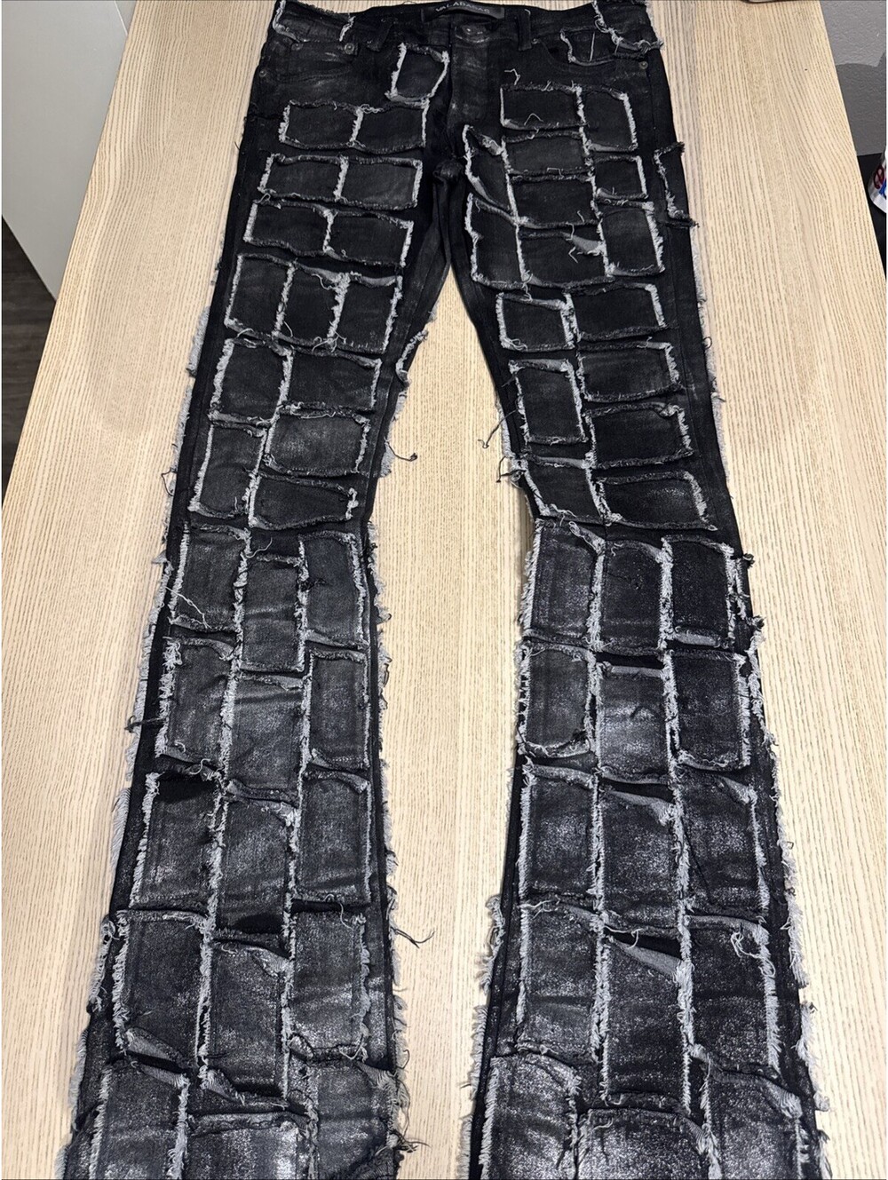 Valabasas Black Metallic Distressed Patchwork Stacked Jeans Men’s Size 30